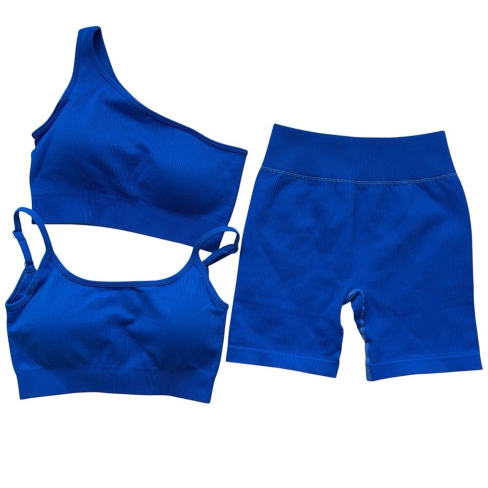 New OQQ Women’s Blue 3 Piece; 2 Sports Bras & High Waist Gym Shorts Small